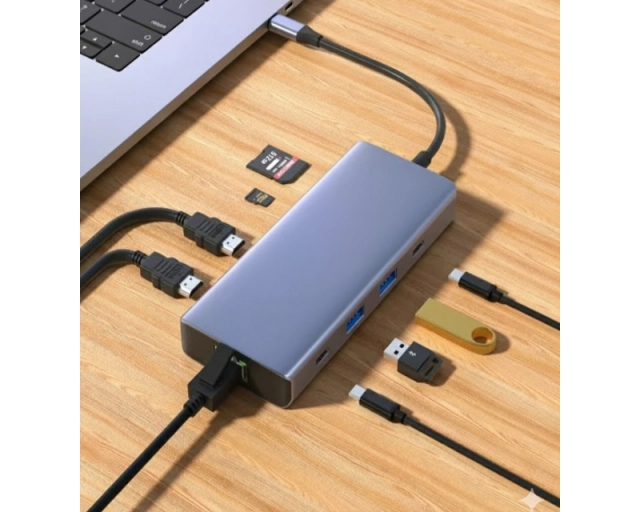 Adapter TIP-C na 2xHDMI+2xUSB+2xTIP C+SD/TF+RJ45 