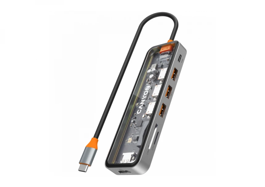 CANYON DS-13, USB-hub, Size: 137.9mm*42.7mm*15mm Weight: 167.5gCable length: 155mm Material: Zinc alloy+Tempered glass+TPE Port: Type-C To USB3.0*3(5Gbps)+SD/TF 3.0(5Gbps)+HDMI(4K@30Hz),Space Grey