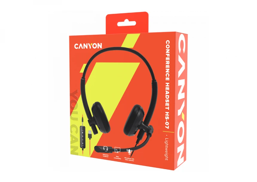 CANYON HS-07, Super light weight conference headset 3.5mm stereo plug,with PVC cable 1.6m, extra USB sound card with PVC cable 1.2m, ABS headset material, size: 16*15.5*6cm. Weight: 100g, Black