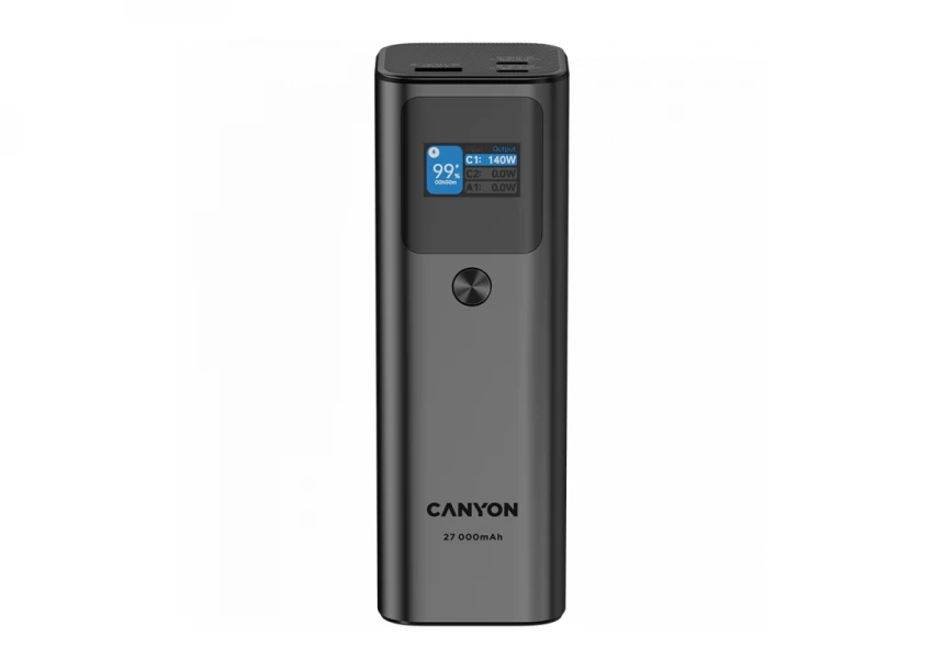 CANYON PB-2010, allowed for air travel power bank 27000mAh/97.2Wh Li-poly battery, in/out:2xUSB-C PD3.1 140W, out:USB-A QC 3.0 22.5W,TFT display,Dark Grey