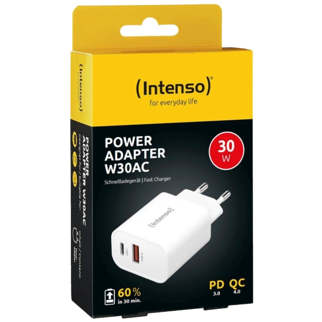 (Intenso) Punjač kućni, brzi, 1 x USB-A, 1 x UCB-C, 3A, 30W - Power Adapter W30AC