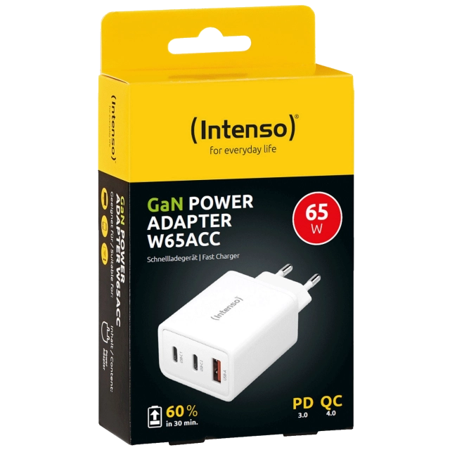 (Intenso) Punjač kućni, brzi, 1 x USB-A, 2 x UCB-C, 3A, 65W - Power Adapter W65ACC GaN