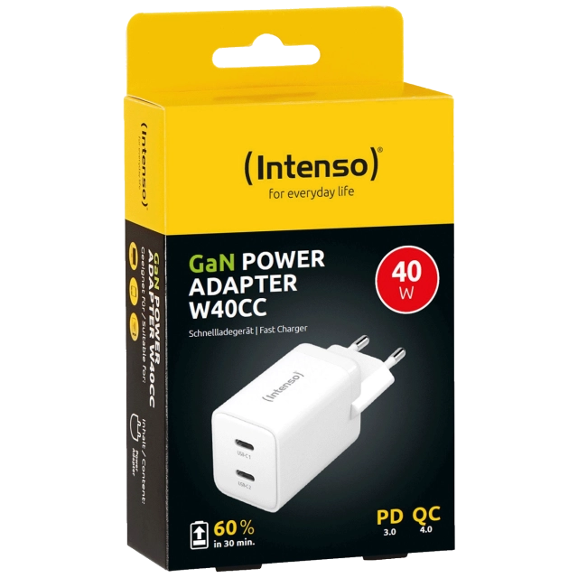 (Intenso) Punjač kućni, brzi, 2 x USB-C, 3A, 40W - Power Adapter W40CC GaN