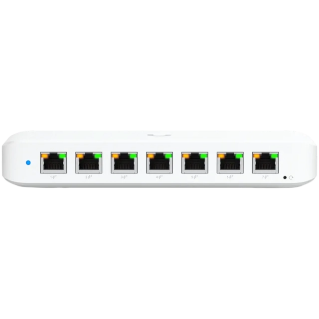 Ubiquiti USW-Ultra-210W-EU compact, Layer 2, 8-port GbE PoE switch with versatile mounting options, 7x GbE PoE+ output ports, GbE port with optional PoE++ input, 202W PoE availability with the included AC power adapter