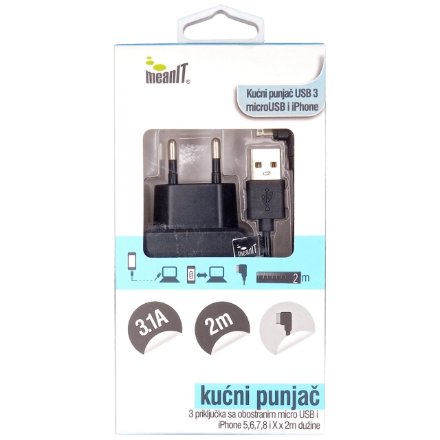 MeanIT Punjač kućni za smartphone i iPhone, 3 x USB - PUNJAČ KUĆNI ZA SMARTPHONE I iPHONE