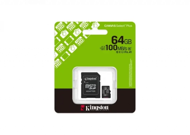 MC MicroSDXC Kingston 64GB Canvas Select Plus G3 150R U1 V10 SDCS3/64G + Adapter