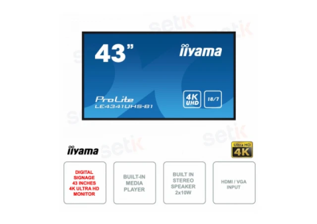 Iiyama 43" 1920x1080, IPS panel, 1% Haze, Landscape mode, Speakers 2x 10W , VGA, 3x HDMI, 350cd/m², Media Play USB Port, Control LAN / RS232C, VESA 400x400