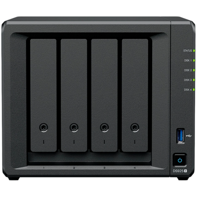 Synology DiskStation DS925+ Tower, 4-Bays 3.5'' SATA HDD/SSD, 2 x M.2 2280 NVMe SSD slot, CPU AMD Ryzen V1500B 4-core 2.2 GHz, 4 GB DDR4 ECC SODIMM, 2x RJ-45 2.5 GbE LAN Port; 2x USB 3.2; 1 xUSB Type-C expansion port; 2.26 kg; 3yr warranty