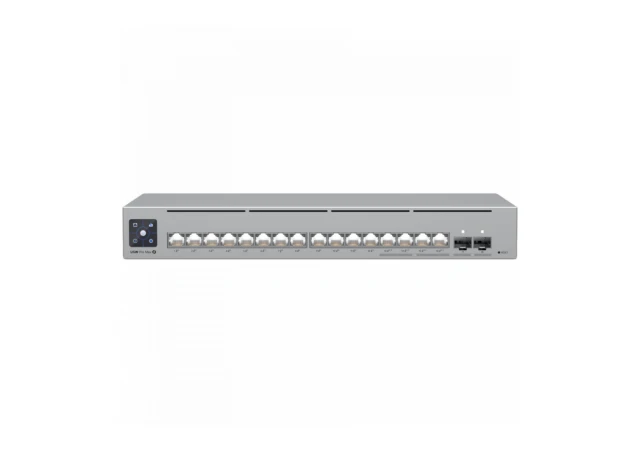 Ubiquiti 16-port, Layer 3 Etherlighting switch with 2.5 GbE, PoE++ output, and versatile mounting options, 4x 2.5 GbE PoE++ ports, 12x GbE PoE+ ports, 2x 10G SFP+ ports, 180W total PoE availability