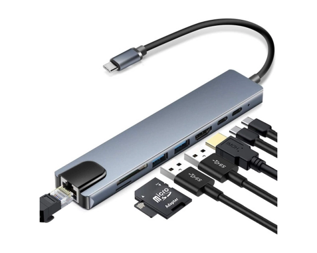 USB HUB 8u1, USB-C/HDMI+LAN+2xPD+2xUSB-A+T F+SD 100MBS 